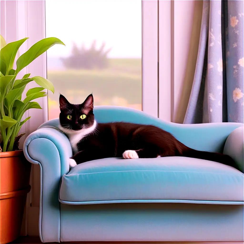 Black and white cat lounges on a blue chair