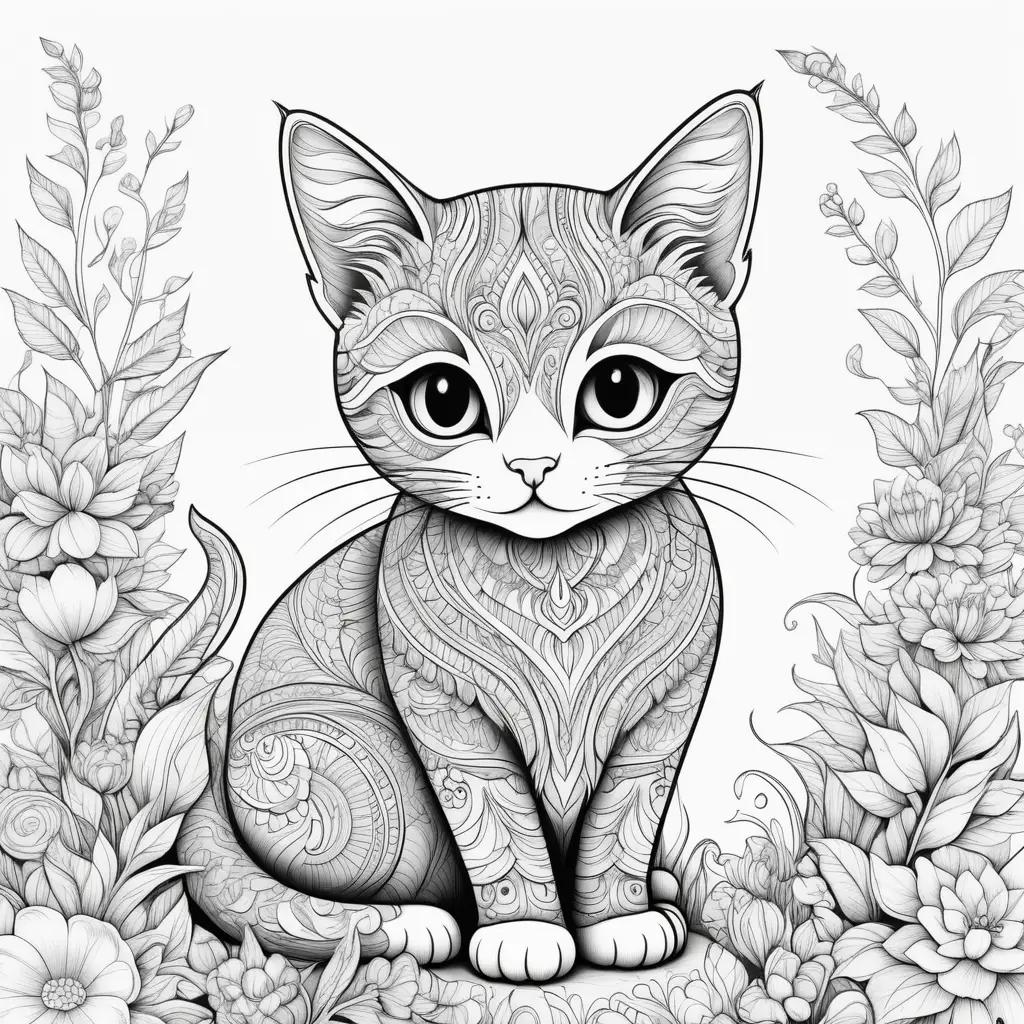 塗り絵の花で覆われたページの黒と白の猫