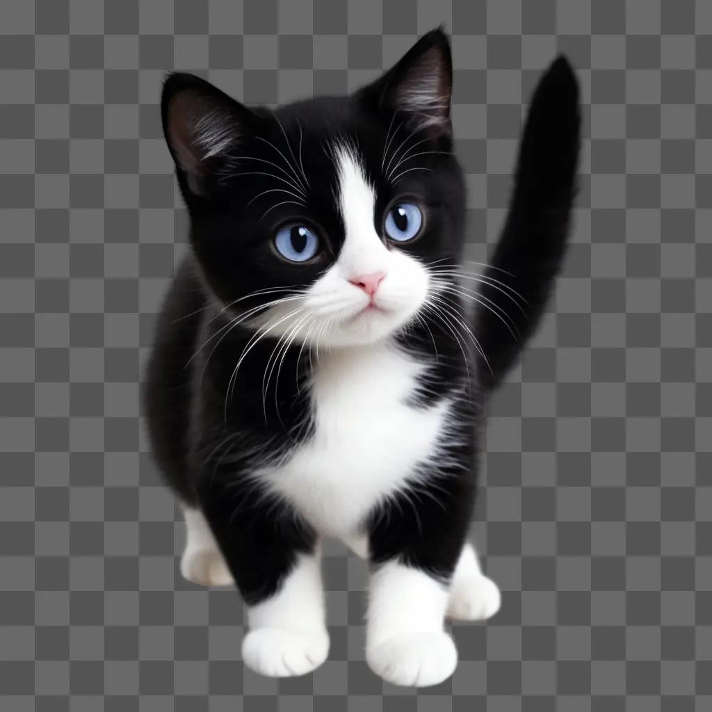 Black and white cat sits on a grey surface