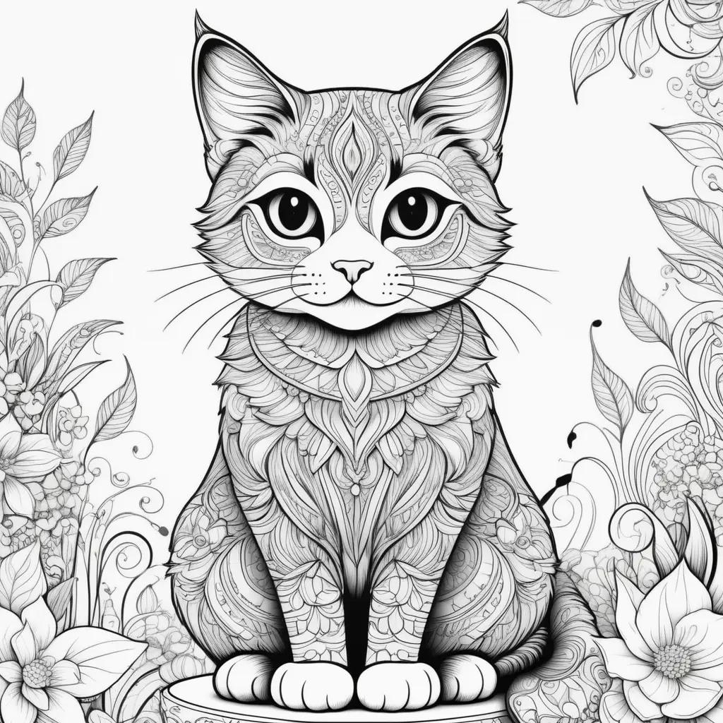 Black and white cat sitting on a flower color page