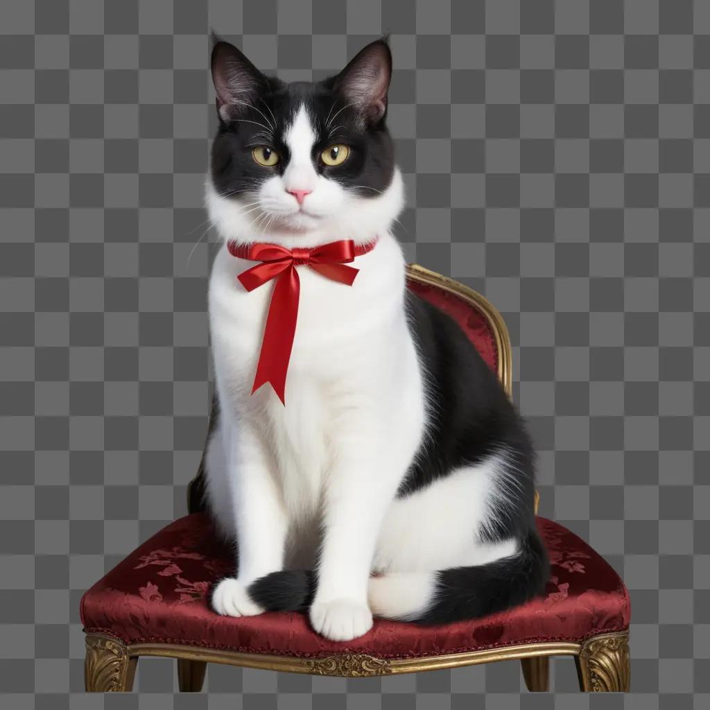 Black and white cat wearing a red bow on a chair