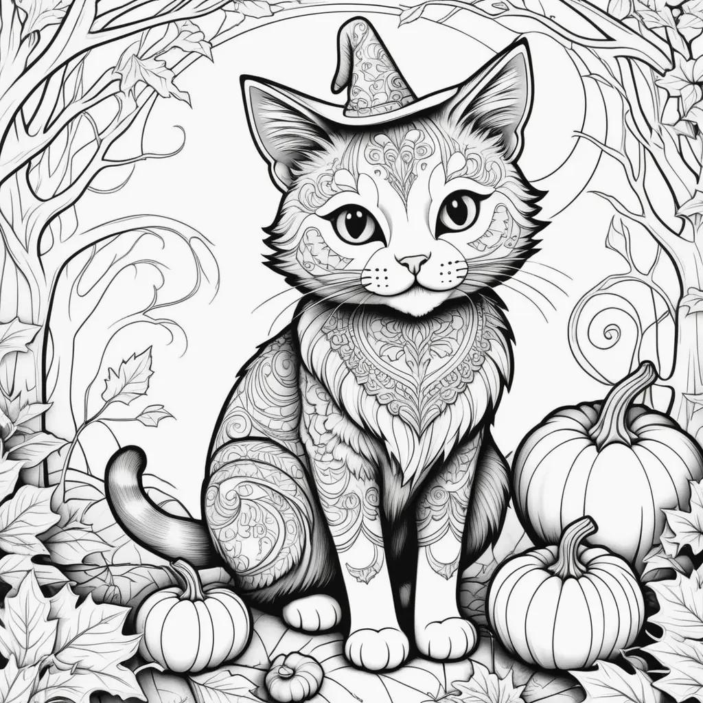 Black and white cat with a witch hat on coloring pages for Halloween