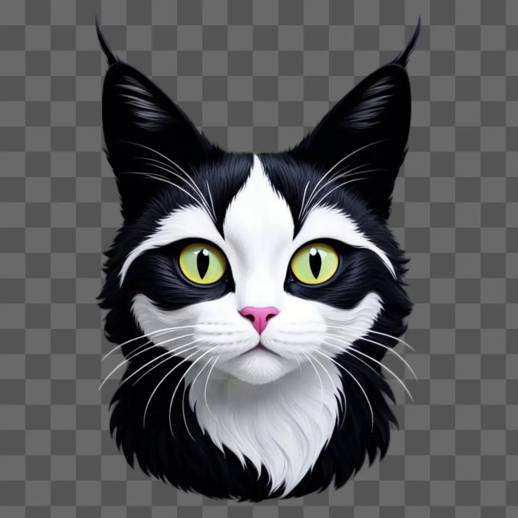 Black and white cat with green eyes drawn in a PNG format