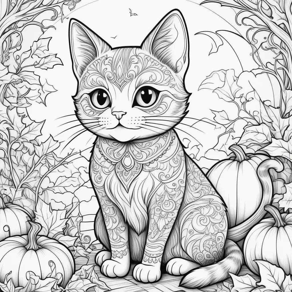 Black and white cat with intricate patterns in a Halloween setting