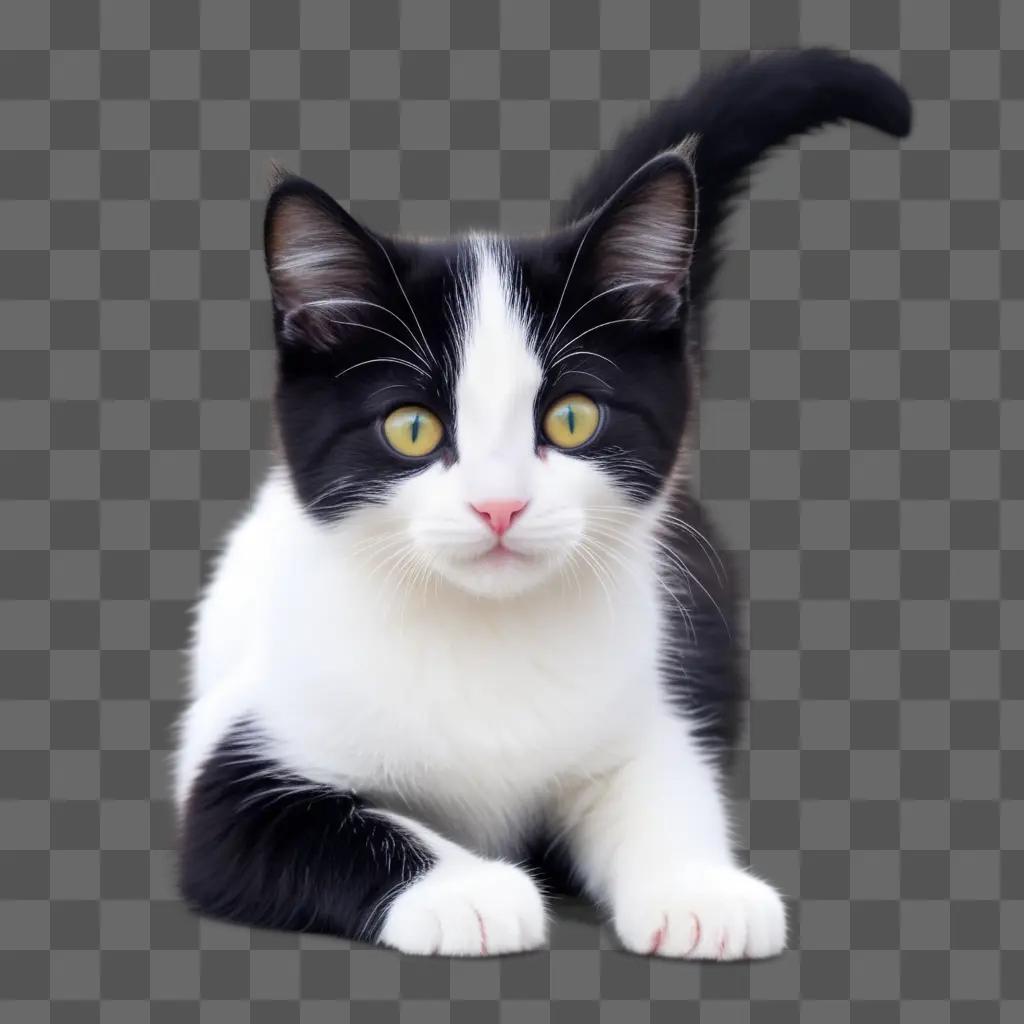 Black and white cat with yellow eyes and pink paw