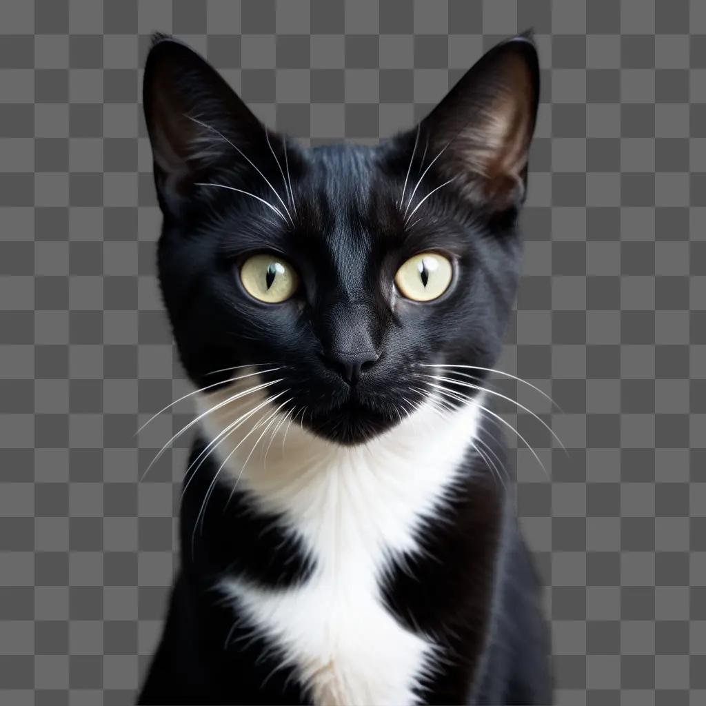 Black and white cat with yellow eyes and white whiskers