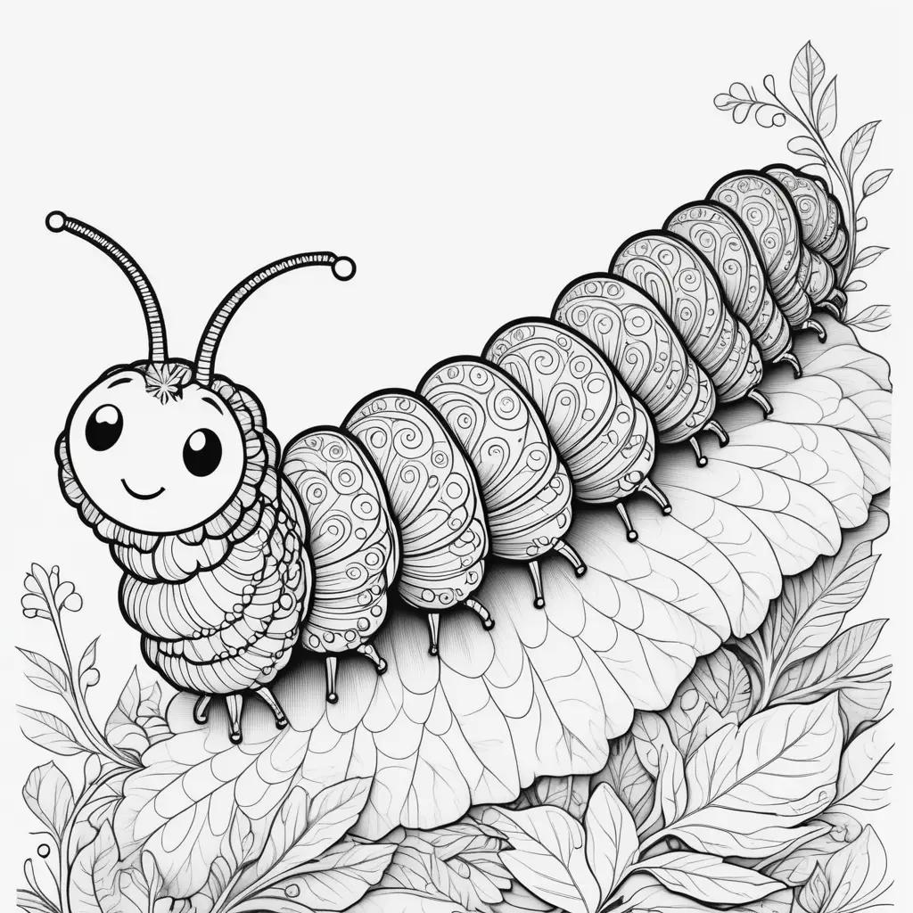 Black and white caterpillar coloring page with leaves