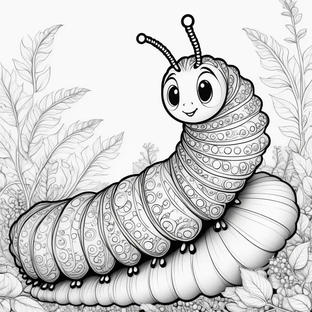 Black and white caterpillar coloring page with leaves