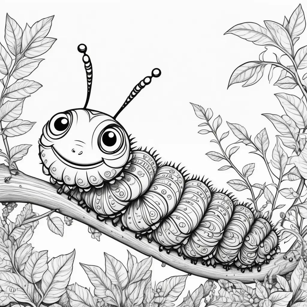 Black and white caterpillar coloring page with leaves