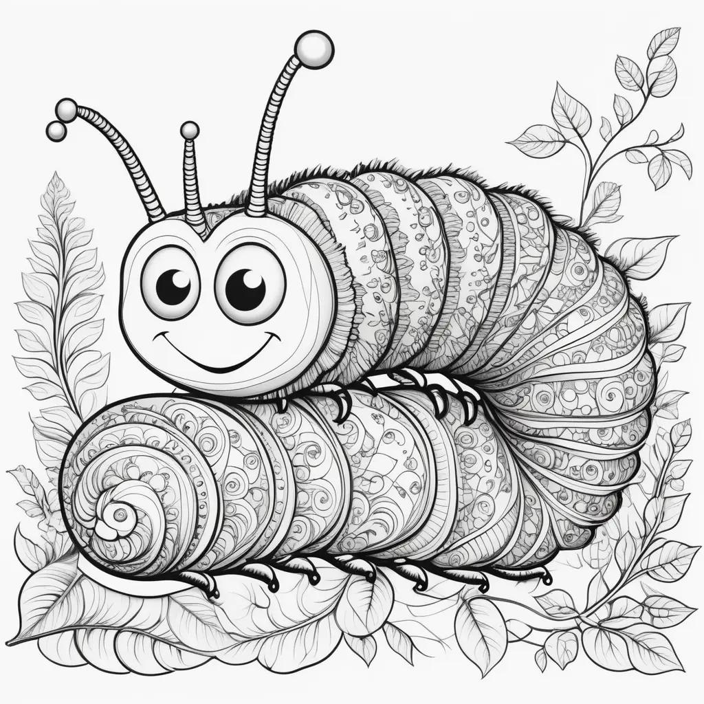 Black and white caterpillar coloring page with spiral design