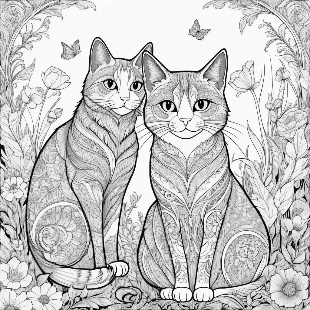 Black and white cats sitting on a floral background in a coloring page