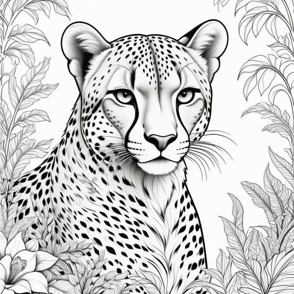 Black and white cheetah coloring page with flowers and leaves