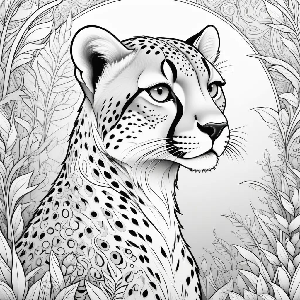 Black and white cheetah coloring page with leaves