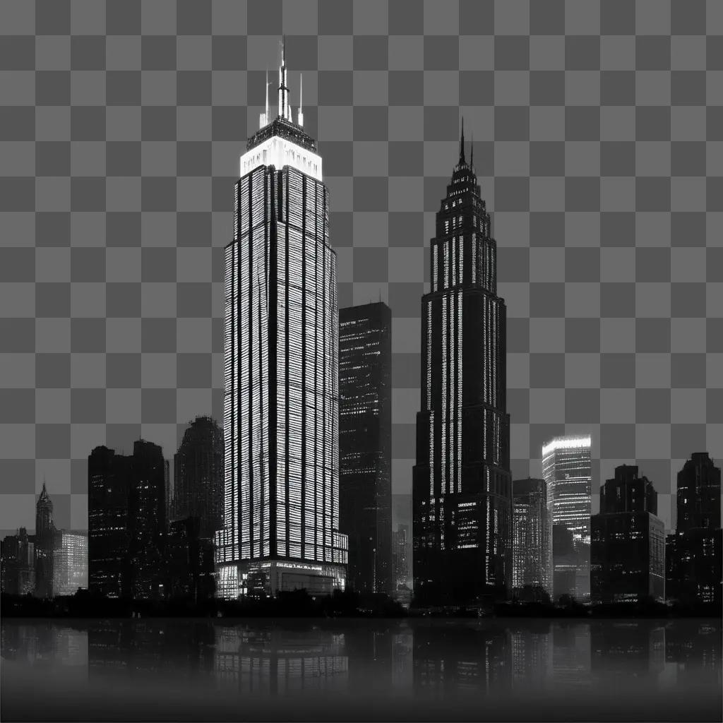 Black and white cityscape of skyscrapers and lights