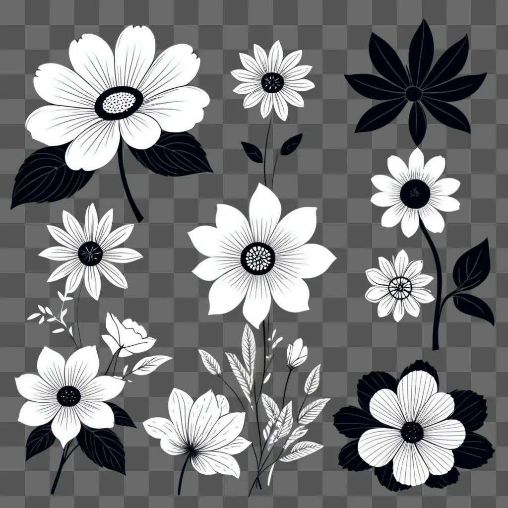 Black and white clipart flowers with white outlines