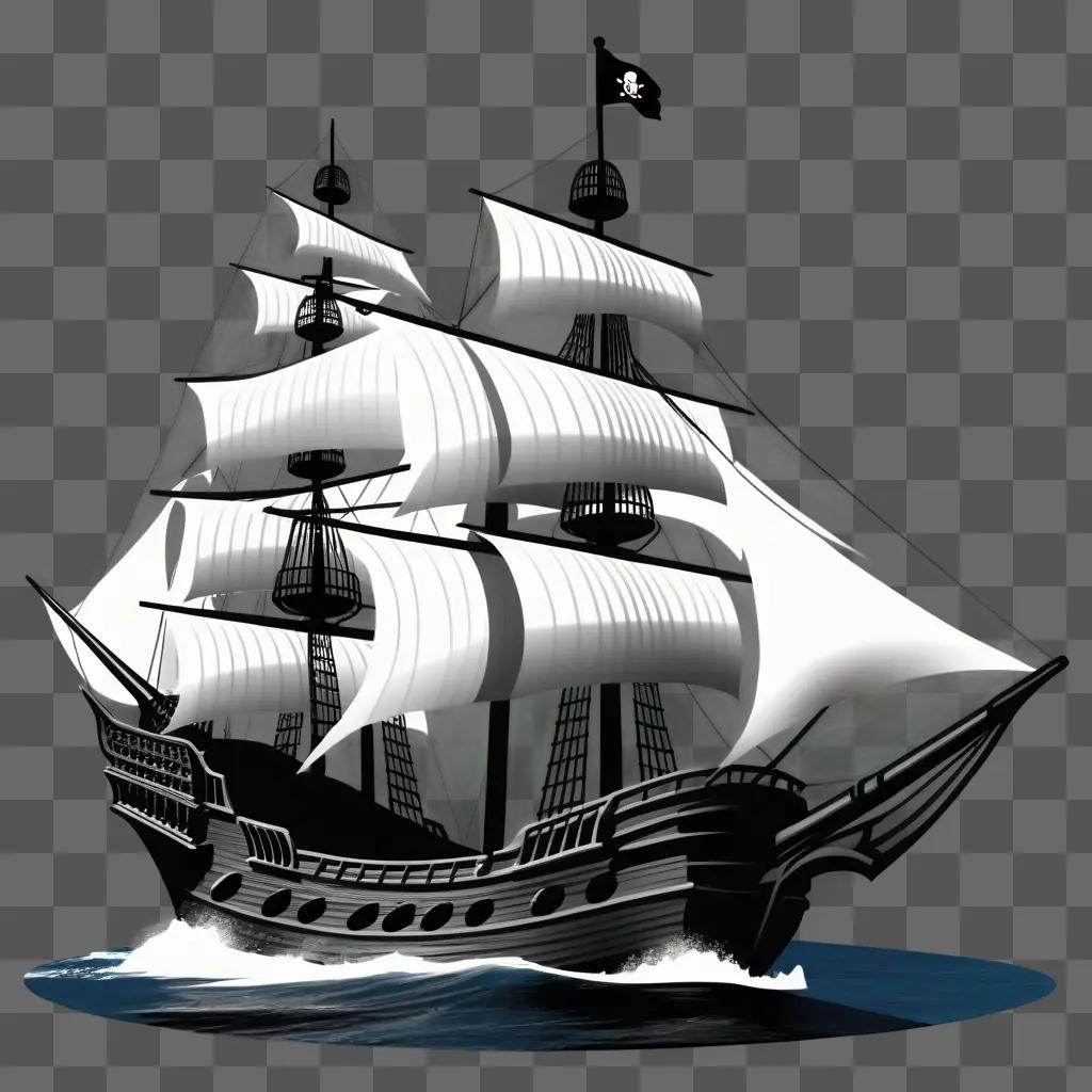 海に浮かぶ海賊船の白黒クリップアート