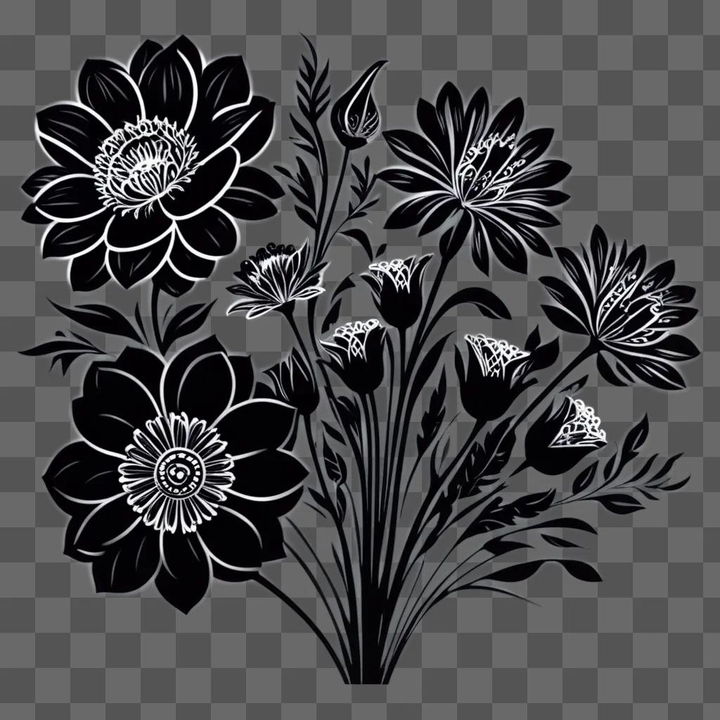 Black and white clipart of flowers in a vase