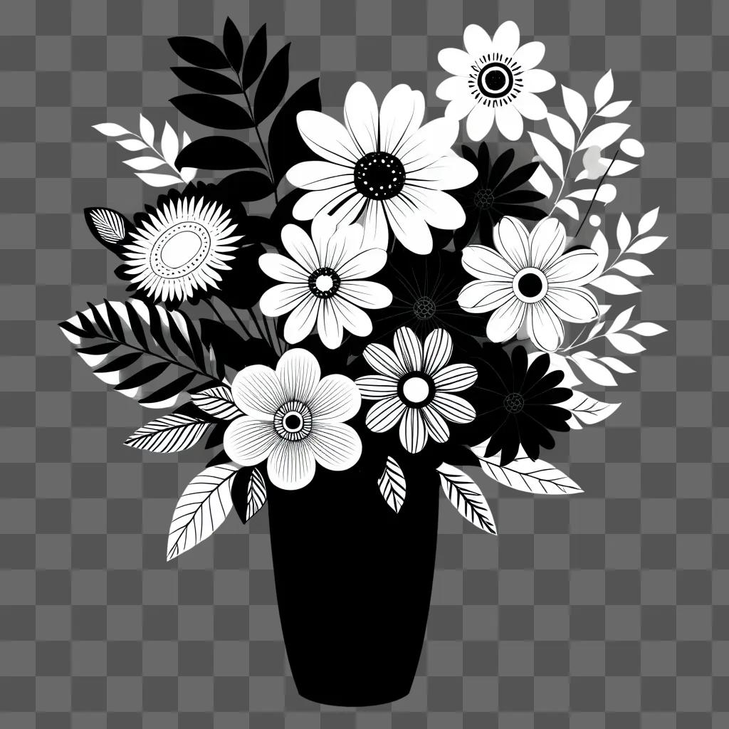 Black and white clipart of flowers in vase