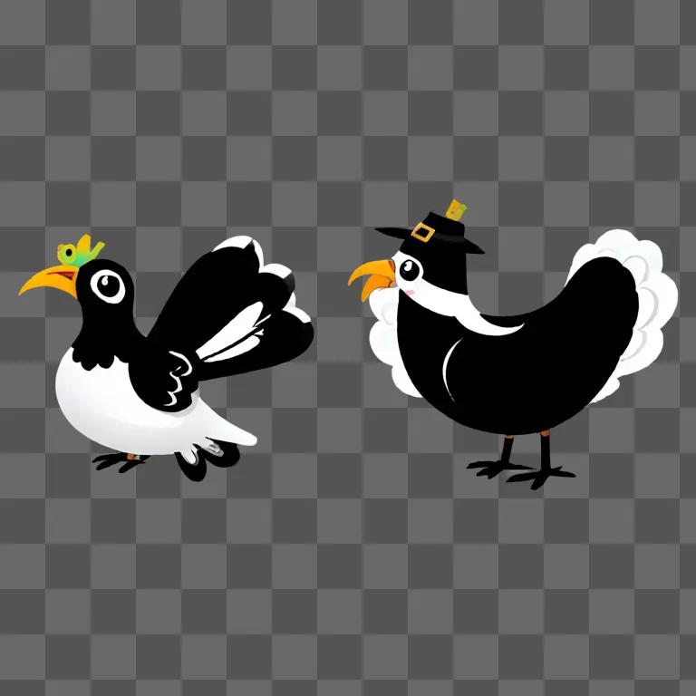 Black and white clipart of two birds for Thanksgiving