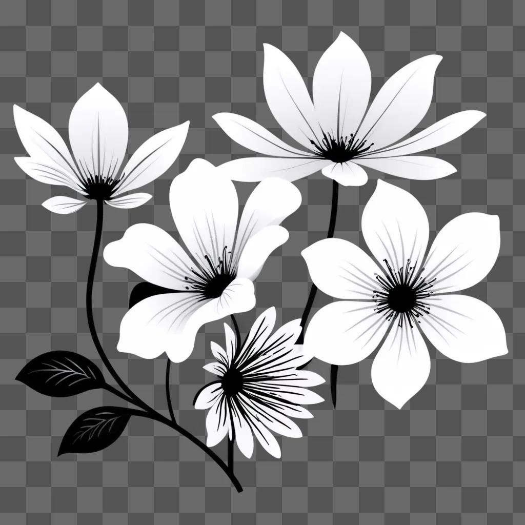 Black and white clipart of white flowers