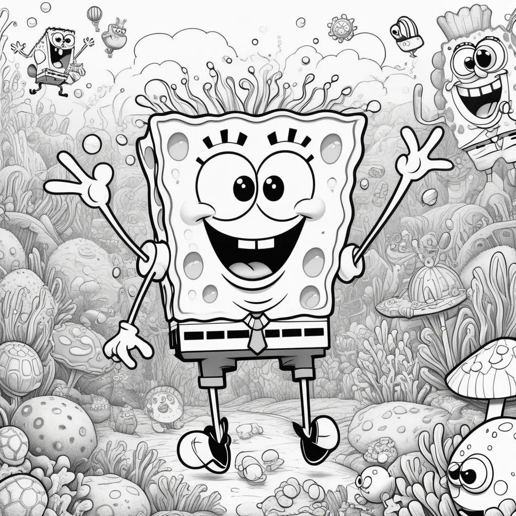 Black and white color page of Spongebob in a cartoon scene