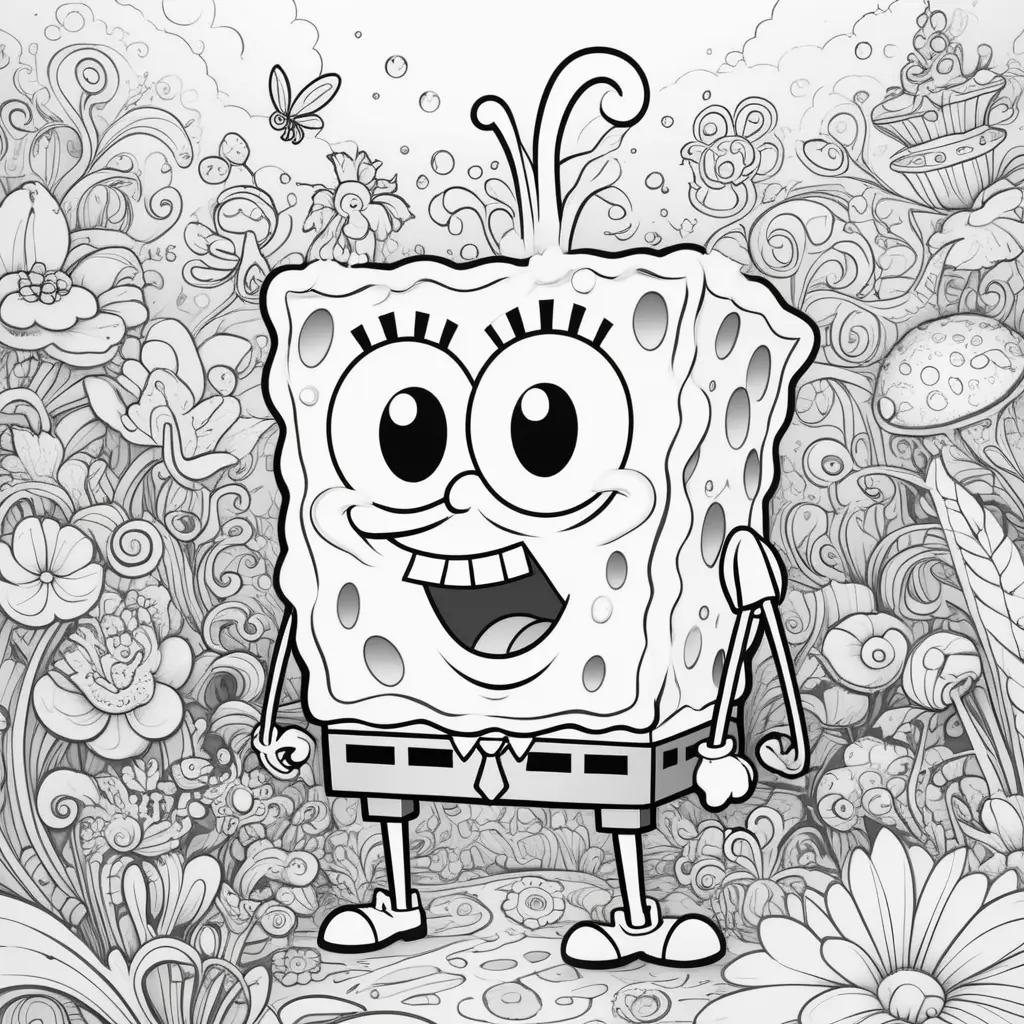 Black and white color page of Spongebob with flowers