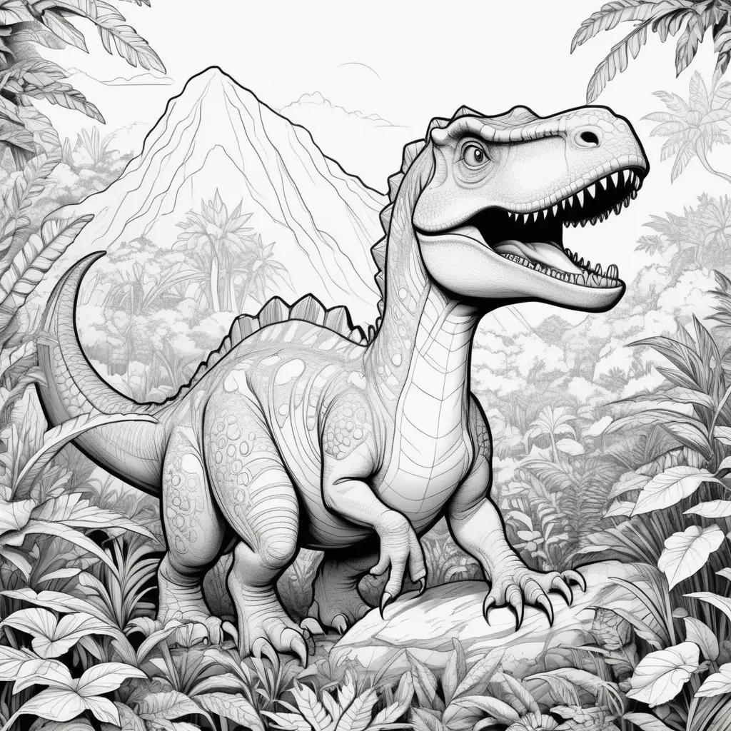 Black and white color page of a dinosaur in a jungle