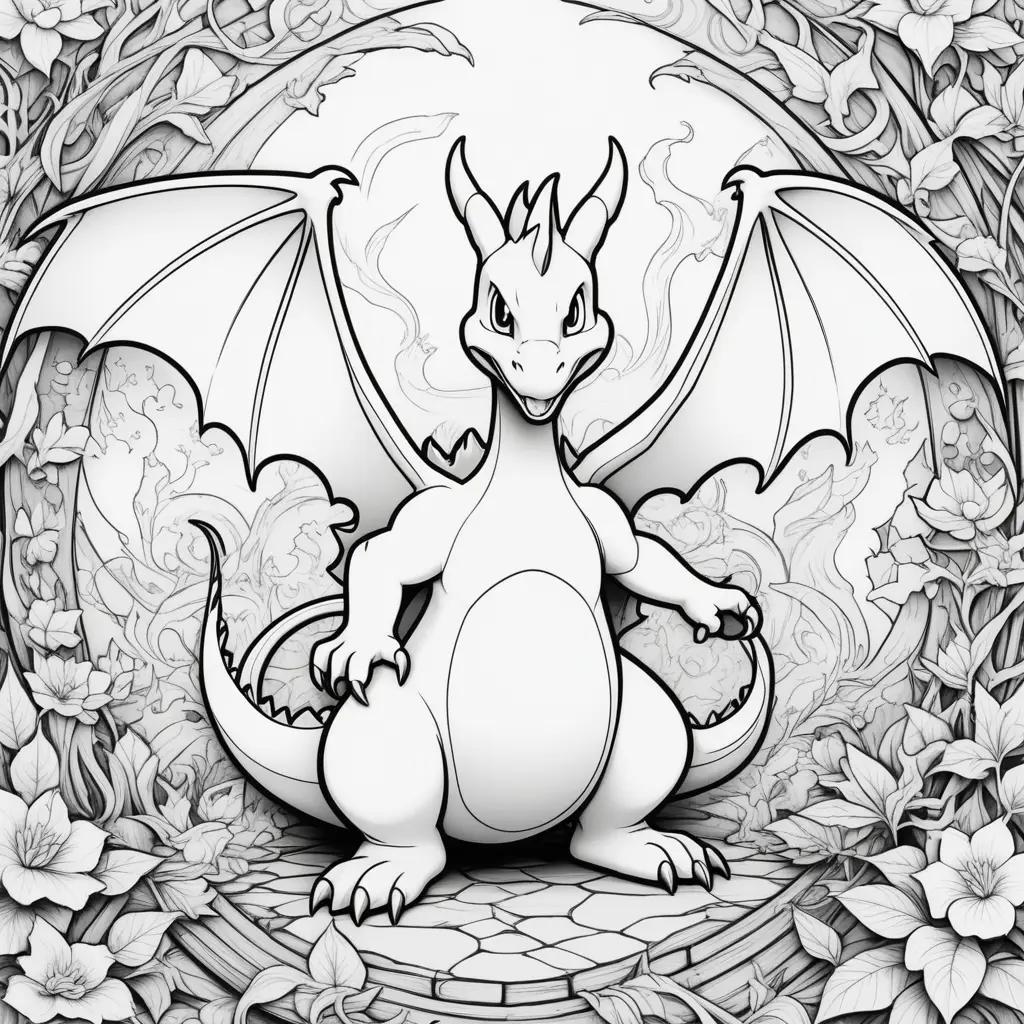 Black and white color page of charizard