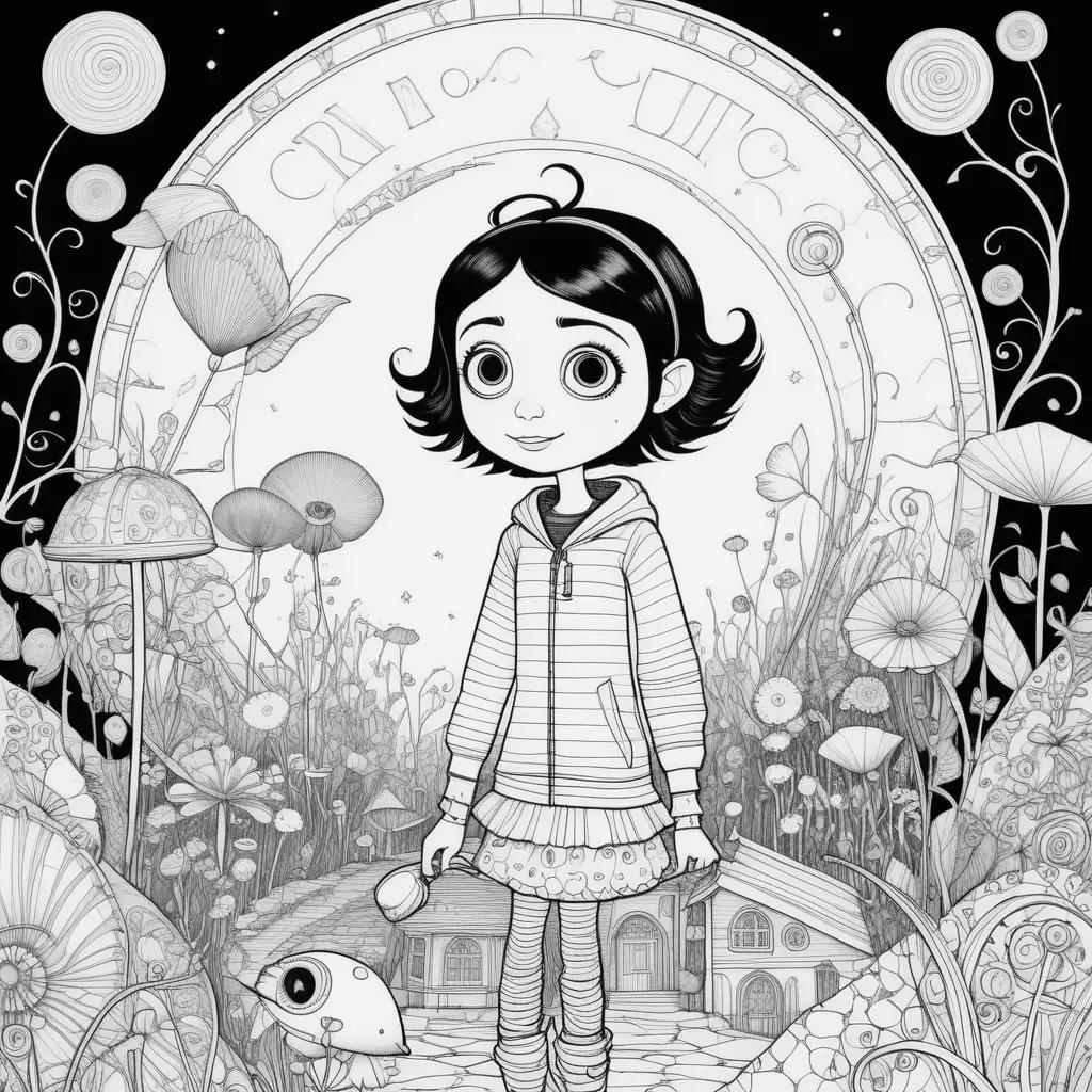 Black and white color page of coraline