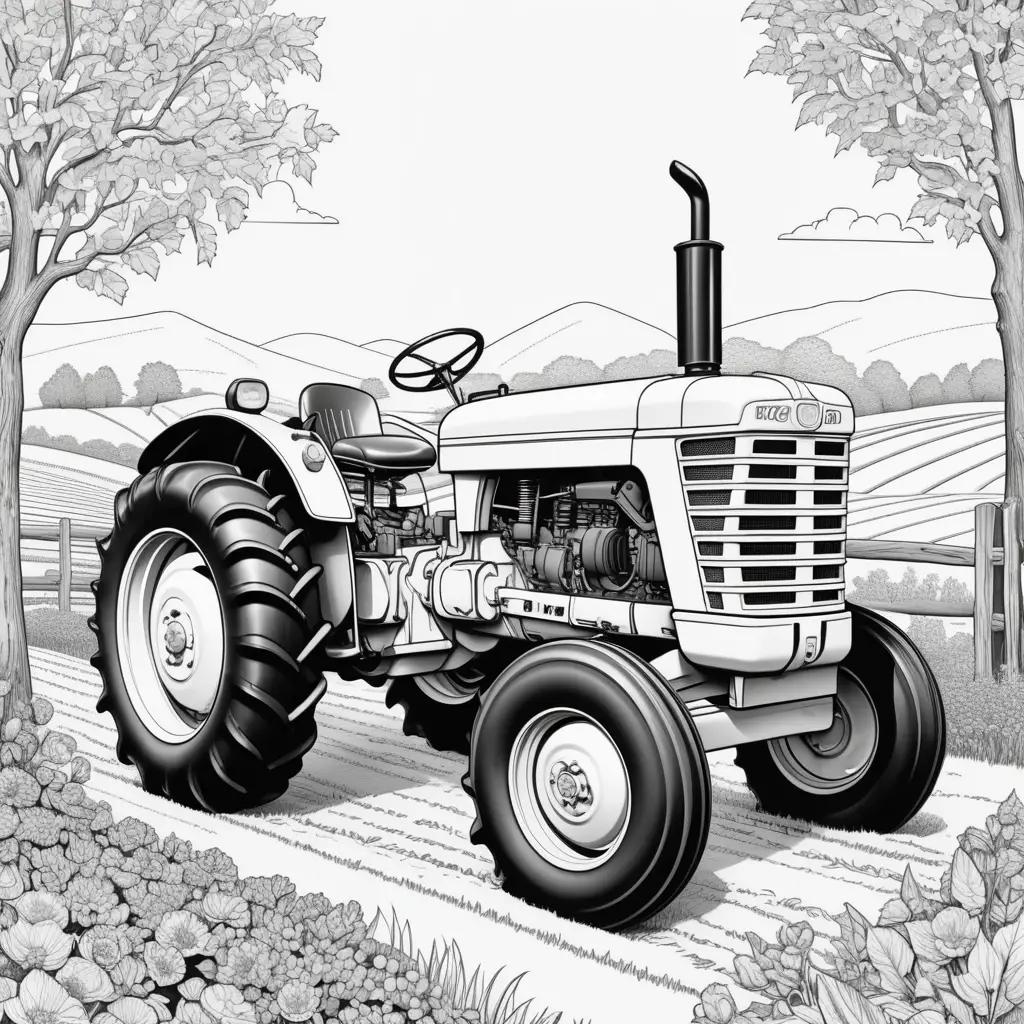 Black and white color page of tractor on a dirt road