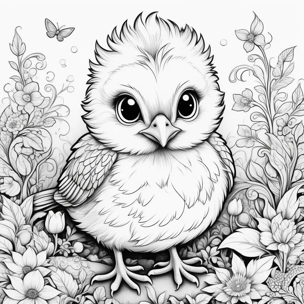 Black and white color page with a chick and flowers