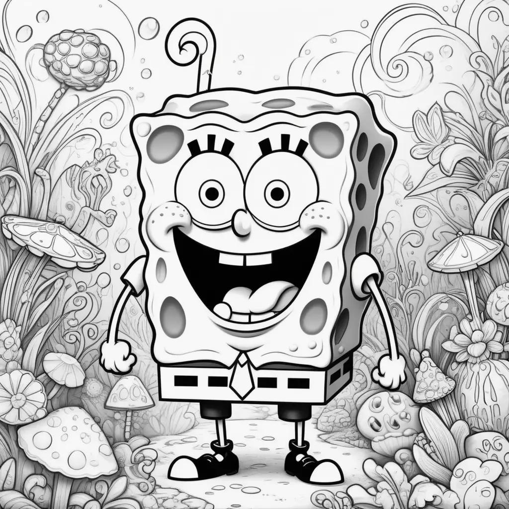 Black and white color pages of SpongeBob in a colorful world