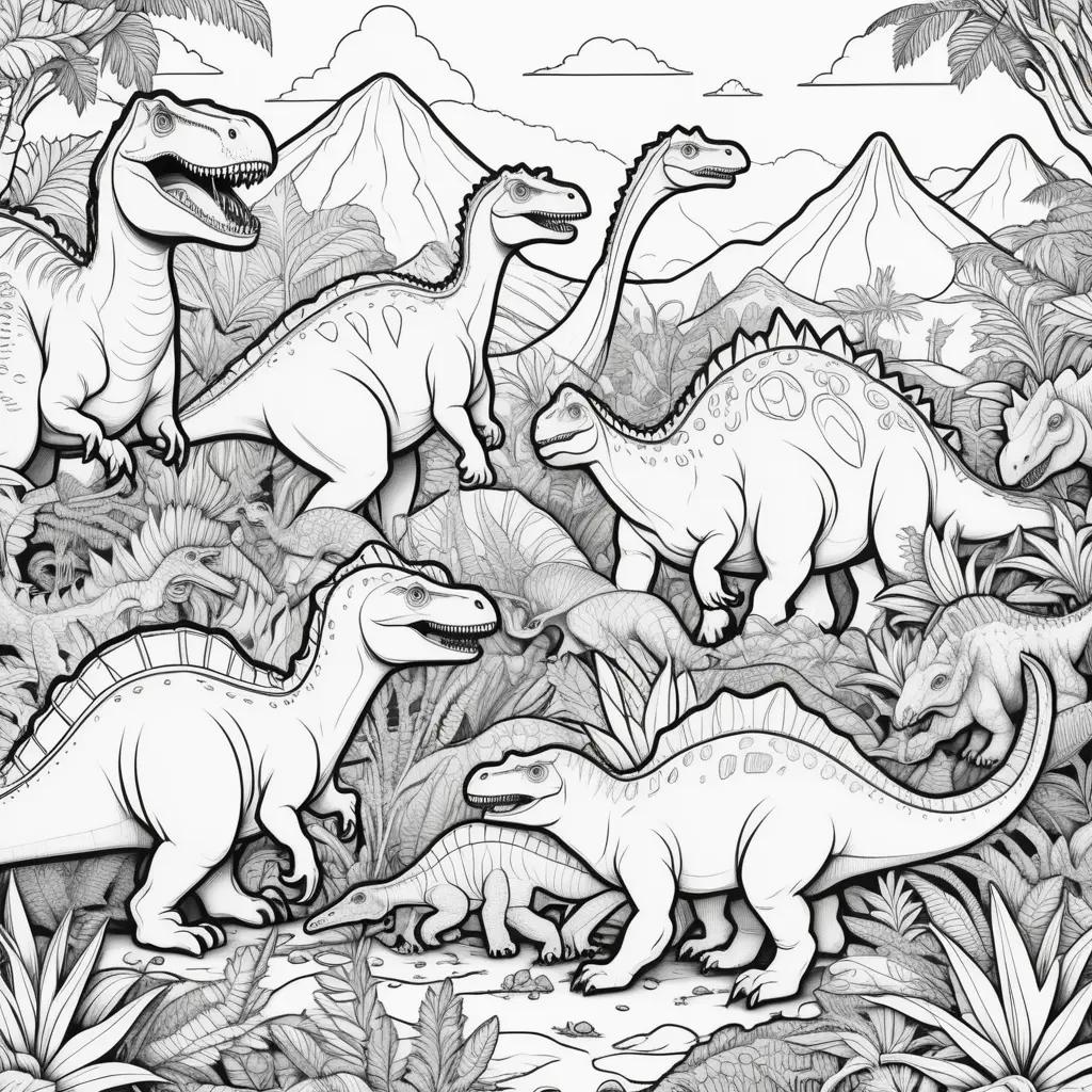 Black and white coloring book featuring dinosaurs in a jungle