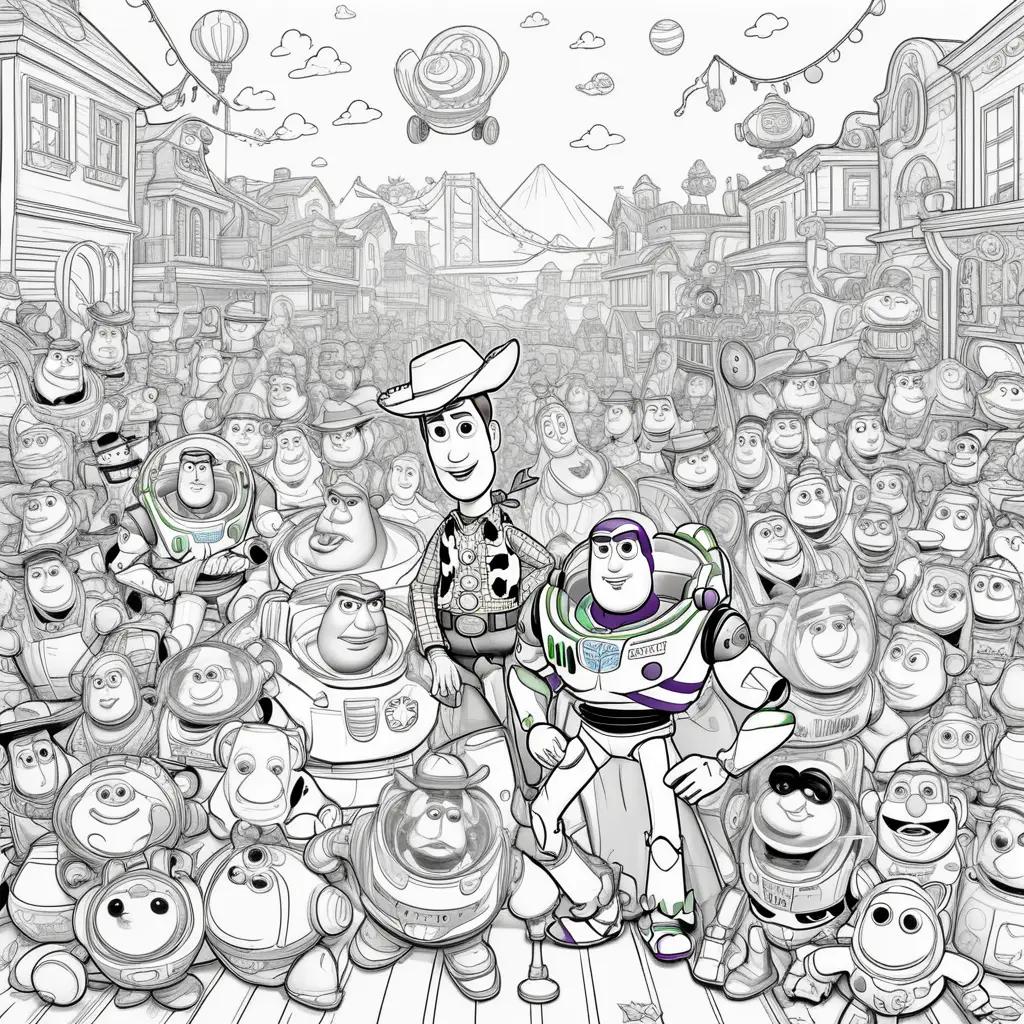 Black and white coloring page featuring Buzz and Woody from Toy Story