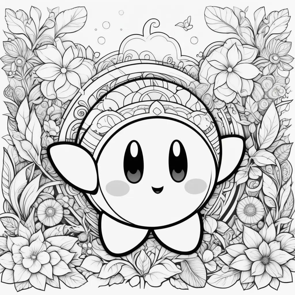 Black and white coloring page featuring Kirby with flowers and leaves