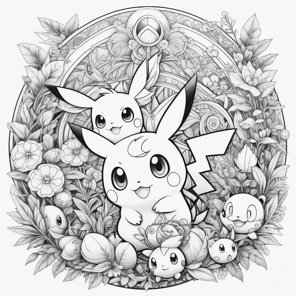 Black and white coloring page featuring Pokemon characters