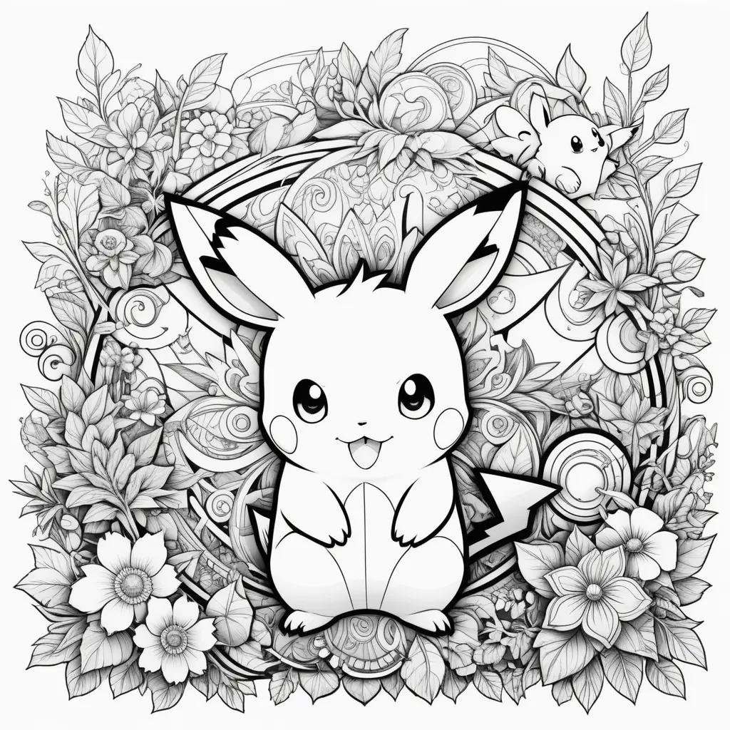 Black and white coloring page featuring a Pikachu with flowers and leaves