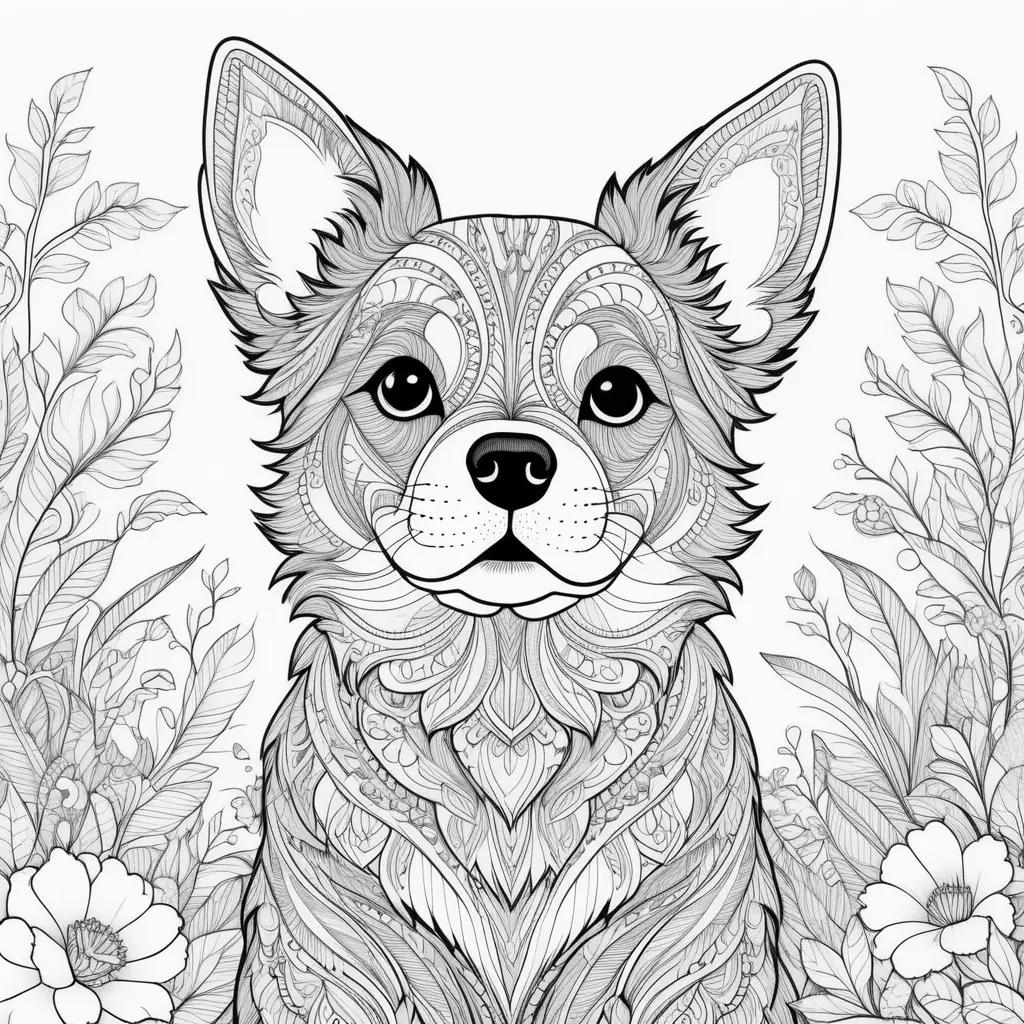 Black and white coloring page featuring a cute dog