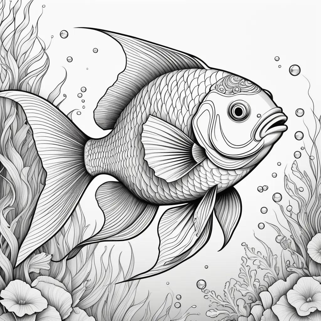 Black and white coloring page featuring a fish and coral