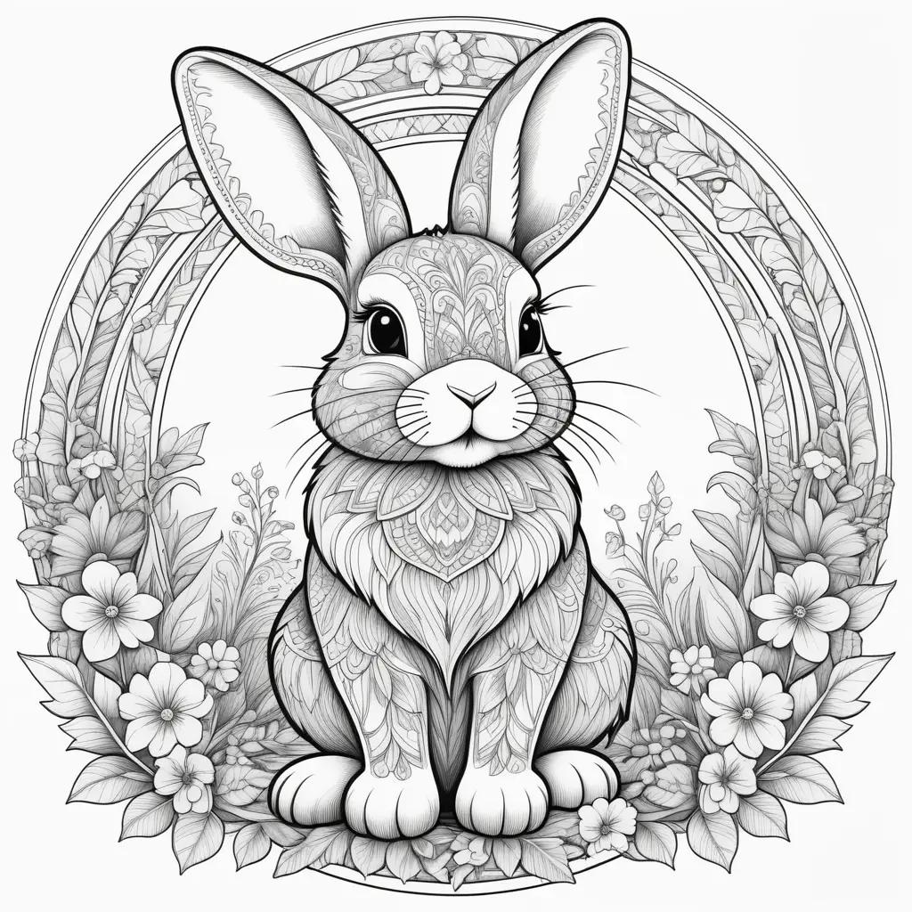 花輪を持つウサギが描かれた白黒のぬりえ