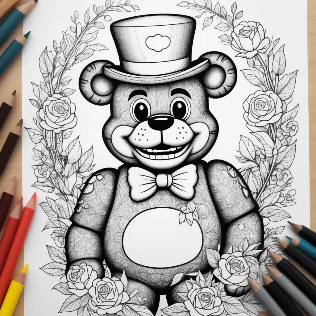 Black and white coloring page featuring a teddy bear and a wreath