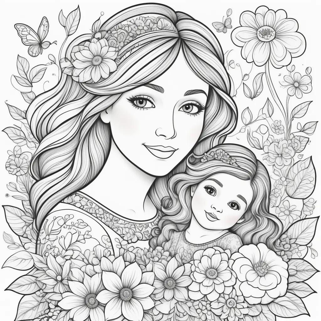 Black and white coloring page for mothers day featuring a mother and daughter