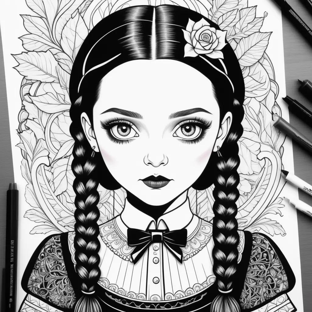 Black and white coloring page of Addams family girl