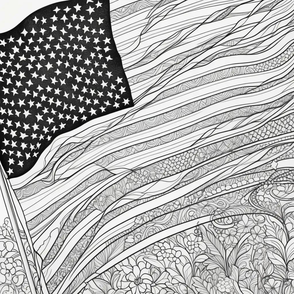 Black and white coloring page of American flag with stars