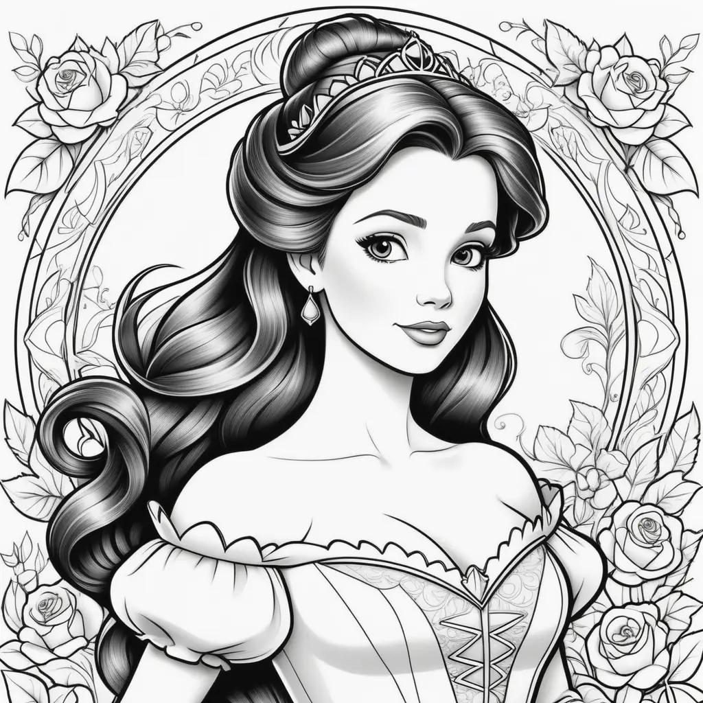 Black and white coloring page of Belle from Beauty and the Beast