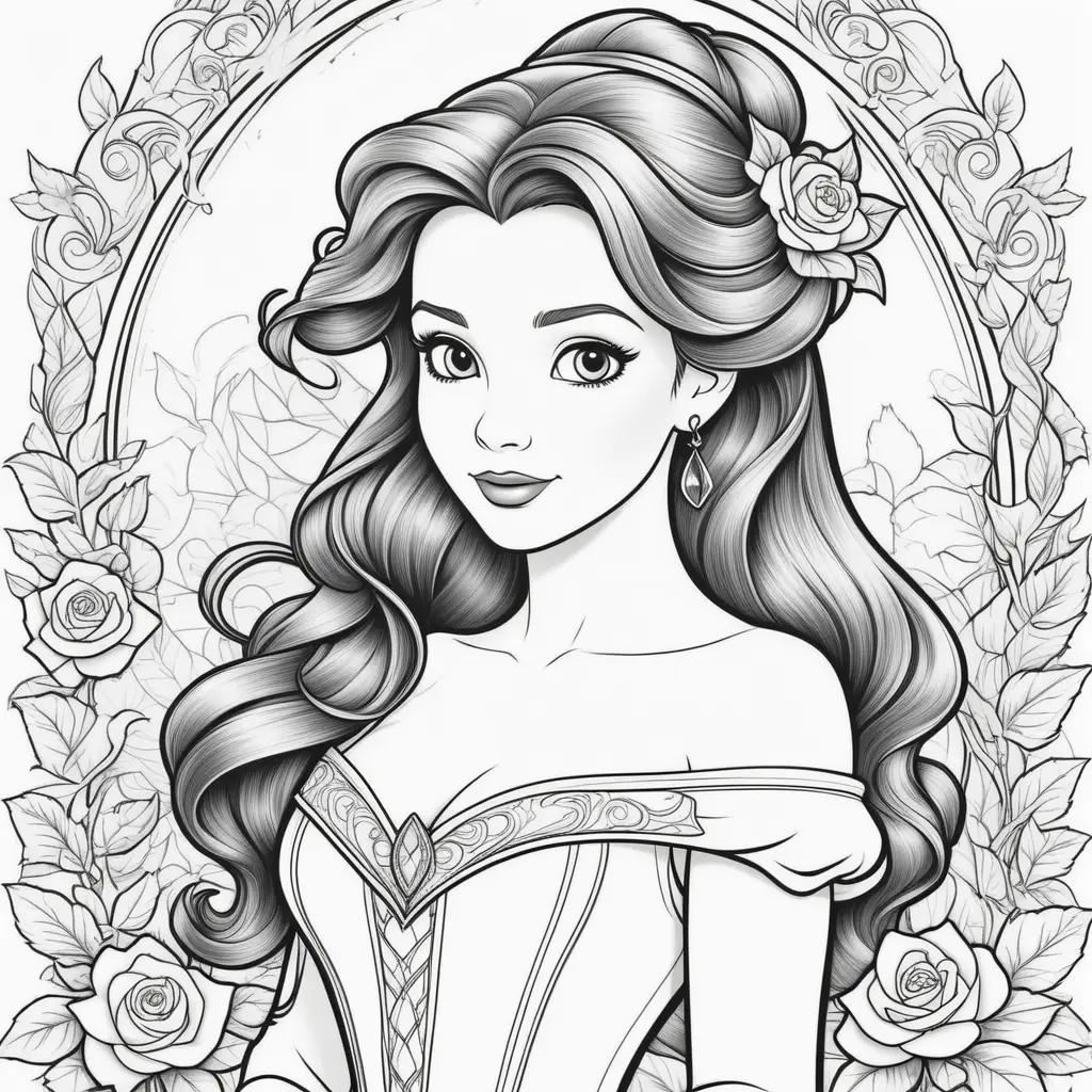 Black and white coloring page of Belle from Beauty and the Beast