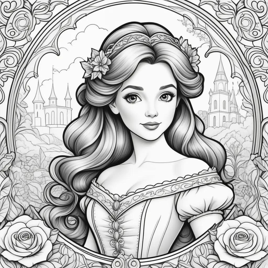 Black and white coloring page of Belle from Beauty and the Beast