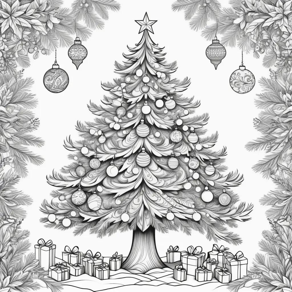 Black and white coloring page of Christmas tree with ornaments