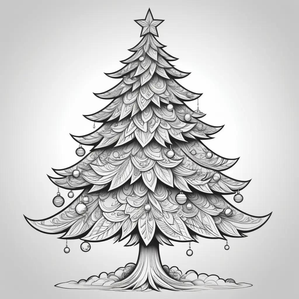 Black and white coloring page of Christmas tree with ornaments