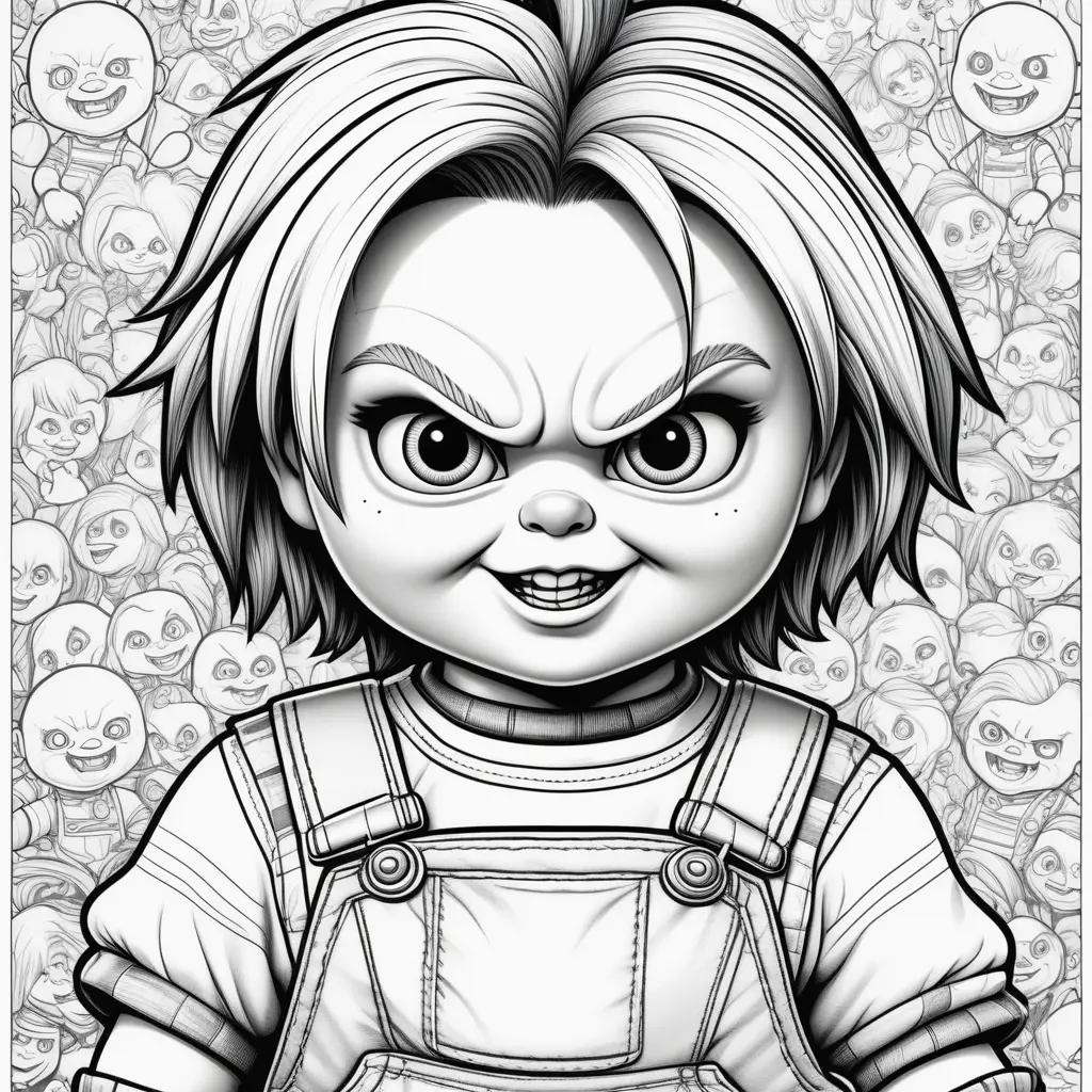 Black and white coloring page of Chucky in a crowd